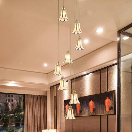 Flower Stair Cluster Pendant Lamp Minimalist Opal Frosted Glass 8-Light Gold Hanging Light Fixture Gold Clearhalo 'Ceiling Lights' 'Glass shade' 'Glass' 'Pendant Lights' 'Pendants' Lighting' 398990