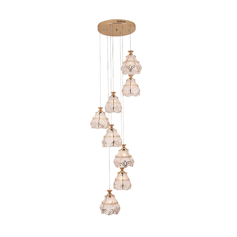 White Glass Spiral Hanging Light Contemporary 8-Light Stair Multi Lamp Pendant with Flower Shade Clearhalo 'Ceiling Lights' 'Glass shade' 'Glass' 'Modern Pendants' 'Modern' 'Pendant Lights' 'Pendants' Lighting' 399008