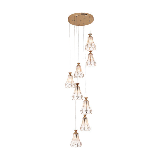 Gold Floral Suspension Light Modern Textured Glass 8 Bulbs Stair Multi Ceiling Lamp Clearhalo 'Ceiling Lights' 'Glass shade' 'Glass' 'Modern Pendants' 'Modern' 'Pendant Lights' 'Pendants' Lighting' 399013