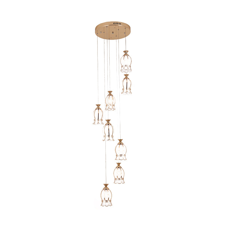 8 Lights Flower Hanging Lighting Modernism Brass Textured Glass Cluster Pendant Lamp Clearhalo 'Ceiling Lights' 'Glass shade' 'Glass' 'Pendant Lights' 'Pendants' Lighting' 399018