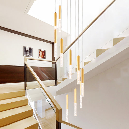 Gold Slim Tube Hanging Lighting Modern Acrylic 10 Lights Stair Multi Light Pendant Chandelier Gold Clearhalo 'Ceiling Lights' 'Modern Pendants' 'Modern' 'Pendant Lights' 'Pendants' Lighting' 399020