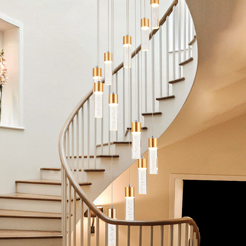 12 Heads Acrylic Pendant Lighting Modernist Gold/Silver Tube Stair Multiple Hanging Lamp with Spiral Design Clearhalo 'Ceiling Lights' 'Modern Pendants' 'Modern' 'Pendant Lights' 'Pendants' Lighting' 399026