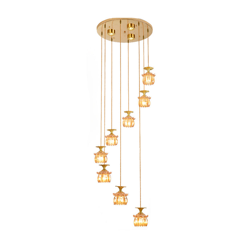 Modernist Globe/Cylinder Pendant Lamp 8-Head Tan Prismatic Glass Multi Light Chandelier in Brass Clearhalo 'Ceiling Lights' 'Glass shade' 'Glass' 'Modern Pendants' 'Modern' 'Pendant Lights' 'Pendants' Lighting' 399035