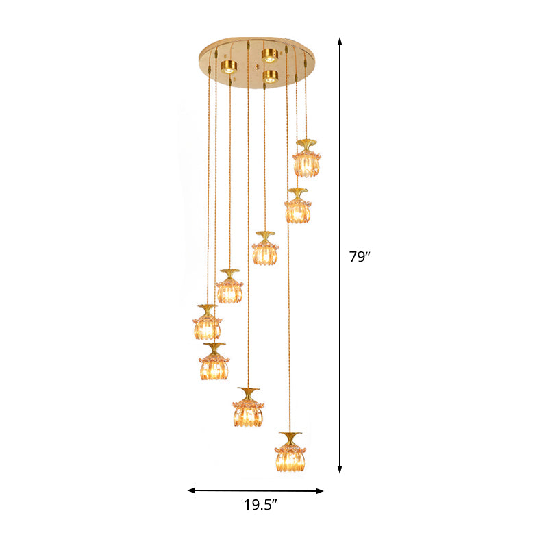 Modernist Globe/Cylinder Pendant Lamp 8-Head Tan Prismatic Glass Multi Light Chandelier in Brass Clearhalo 'Ceiling Lights' 'Glass shade' 'Glass' 'Modern Pendants' 'Modern' 'Pendant Lights' 'Pendants' Lighting' 399036