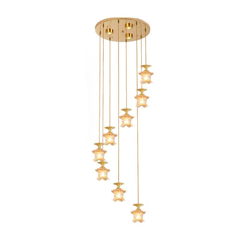 Modernist Globe/Cylinder Pendant Lamp 8-Head Tan Prismatic Glass Multi Light Chandelier in Brass Brass Cylinder Clearhalo 'Ceiling Lights' 'Glass shade' 'Glass' 'Modern Pendants' 'Modern' 'Pendant Lights' 'Pendants' Lighting' 399037