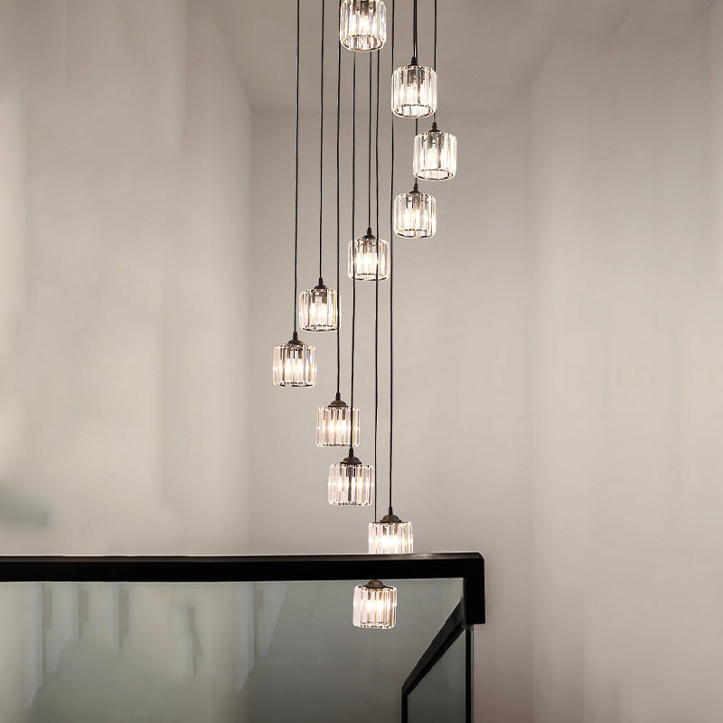 12 Lights Crystal Hanging Lighting Contemporary Black Cylinder Living Room Multiple Lamp Pendant Clearhalo 'Ceiling Lights' 'Modern Pendants' 'Modern' 'Pendant Lights' 'Pendants' Lighting' 399041