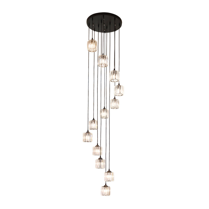 12 Lights Crystal Hanging Lighting Contemporary Black Cylinder Living Room Multiple Lamp Pendant Clearhalo 'Ceiling Lights' 'Modern Pendants' 'Modern' 'Pendant Lights' 'Pendants' Lighting' 399042