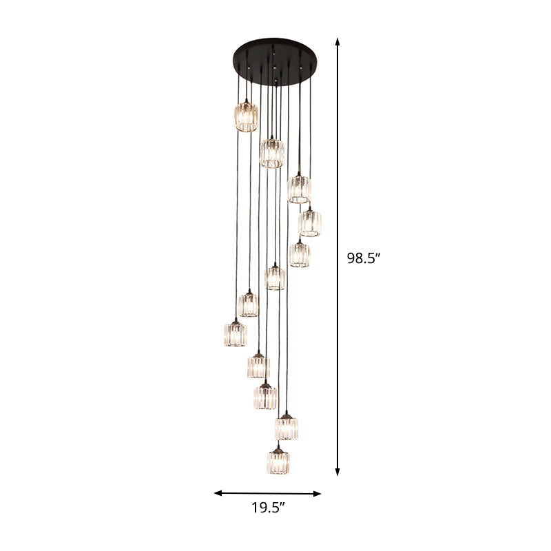 12 Lights Crystal Hanging Lighting Contemporary Black Cylinder Living Room Multiple Lamp Pendant Clearhalo 'Ceiling Lights' 'Modern Pendants' 'Modern' 'Pendant Lights' 'Pendants' Lighting' 399043