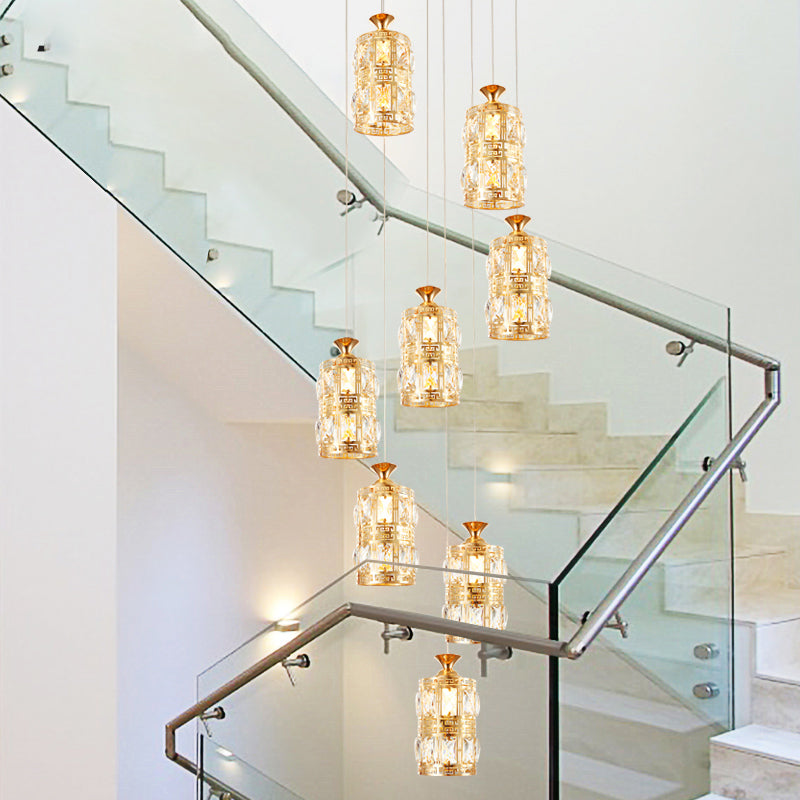 Modernist Cylindrical Cluster Pendant Light 8 Bulbs Crystal Hanging Ceiling Lamp in Gold Clearhalo 'Ceiling Lights' 'Modern Pendants' 'Modern' 'Pendant Lights' 'Pendants' Lighting' 399051