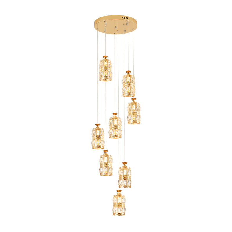 Modernist Cylindrical Cluster Pendant Light 8 Bulbs Crystal Hanging Ceiling Lamp in Gold Clearhalo 'Ceiling Lights' 'Modern Pendants' 'Modern' 'Pendant Lights' 'Pendants' Lighting' 399052