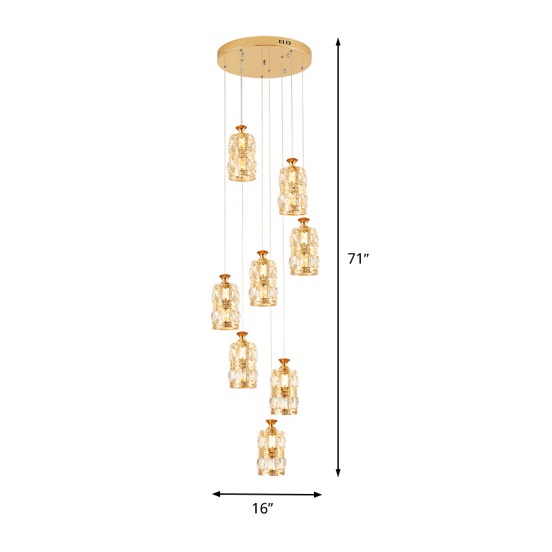 Modernist Cylindrical Cluster Pendant Light 8 Bulbs Crystal Hanging Ceiling Lamp in Gold Clearhalo 'Ceiling Lights' 'Modern Pendants' 'Modern' 'Pendant Lights' 'Pendants' Lighting' 399053