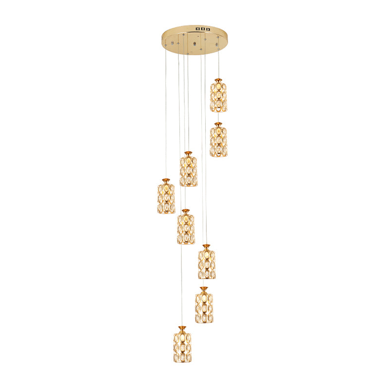 8-Light Multi Ceiling Light Modernism Cylinder Crystal Hanging Lamp Fixture in Brass Clearhalo 'Ceiling Lights' 'Modern Pendants' 'Modern' 'Pendant Lights' 'Pendants' Lighting' 399057