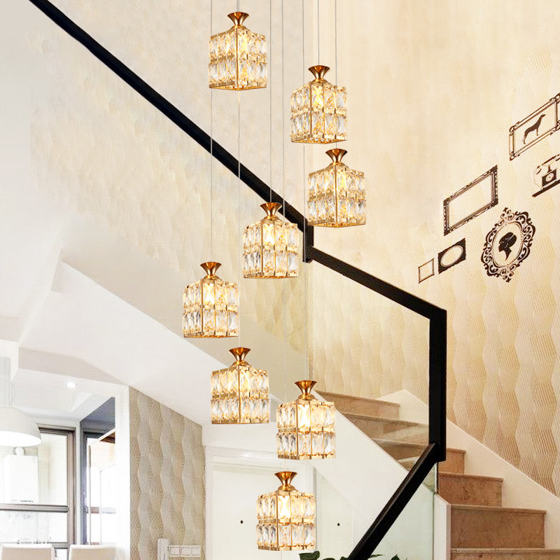 Gold Cube Suspension Lamp Contemporary Crystal 8-Bulb Stair Multi Pendant Chandelier Clearhalo 'Ceiling Lights' 'Modern Pendants' 'Modern' 'Pendant Lights' 'Pendants' Lighting' 399061