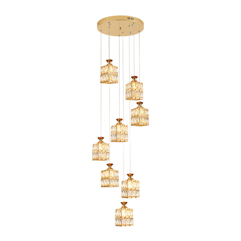 Gold Cube Suspension Lamp Contemporary Crystal 8-Bulb Stair Multi Pendant Chandelier Clearhalo 'Ceiling Lights' 'Modern Pendants' 'Modern' 'Pendant Lights' 'Pendants' Lighting' 399062