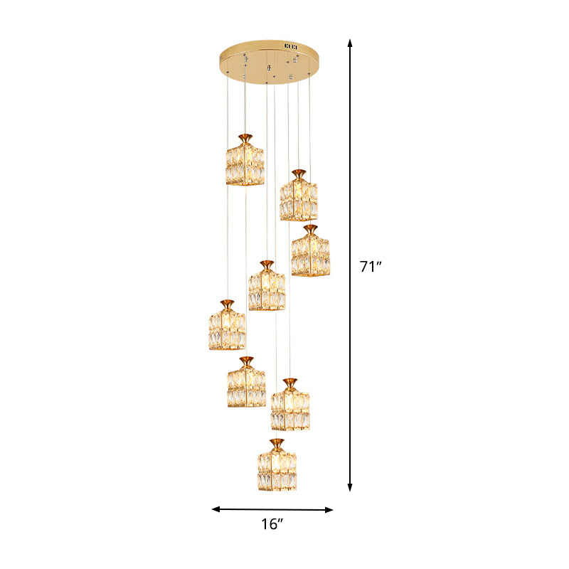 Gold Cube Suspension Lamp Contemporary Crystal 8-Bulb Stair Multi Pendant Chandelier Clearhalo 'Ceiling Lights' 'Modern Pendants' 'Modern' 'Pendant Lights' 'Pendants' Lighting' 399063