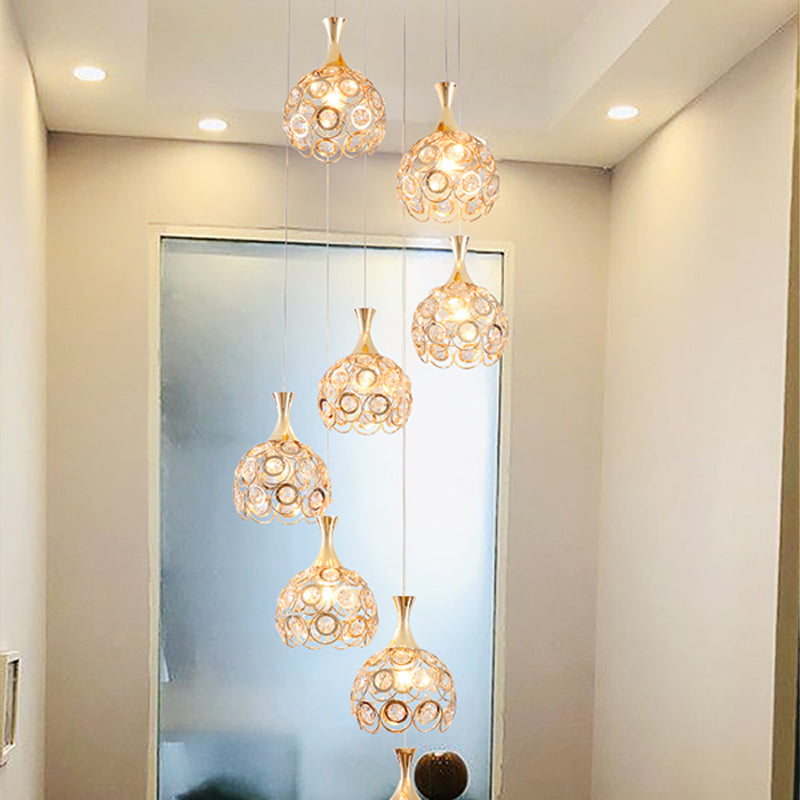 Dome Stair Cluster Pendant Lamp Minimalist Crystal 8 Lights Gold Suspension Light Fixture Gold Clearhalo 'Ceiling Lights' 'Modern Pendants' 'Modern' 'Pendant Lights' 'Pendants' Lighting' 399081