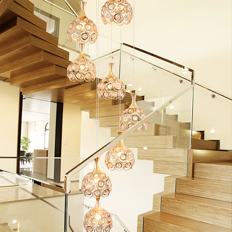 Dome Stair Cluster Pendant Lamp Minimalist Crystal 8 Lights Gold Suspension Light Fixture Clearhalo 'Ceiling Lights' 'Modern Pendants' 'Modern' 'Pendant Lights' 'Pendants' Lighting' 399082