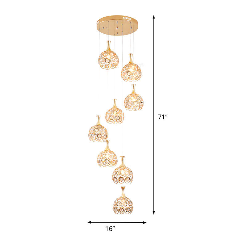 Dome Stair Cluster Pendant Lamp Minimalist Crystal 8 Lights Gold Suspension Light Fixture Clearhalo 'Ceiling Lights' 'Modern Pendants' 'Modern' 'Pendant Lights' 'Pendants' Lighting' 399085