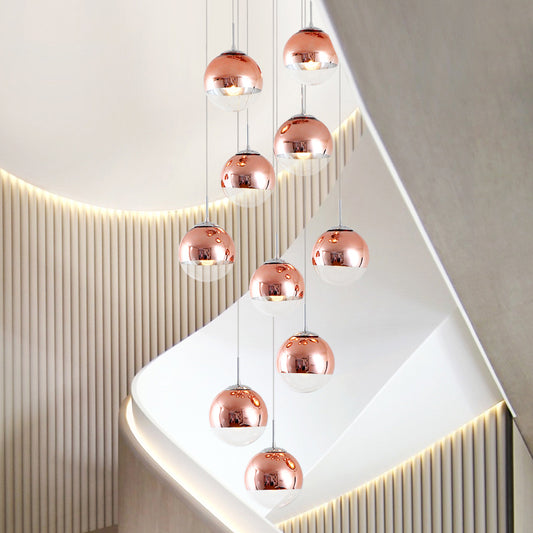 Global Stair Cluster Pendant Light Minimalist Metal 10-Light Rose Gold Ceiling Light Fixture Rose Red Clearhalo 'Ceiling Lights' 'Modern Pendants' 'Modern' 'Pendant Lights' 'Pendants' Lighting' 399106