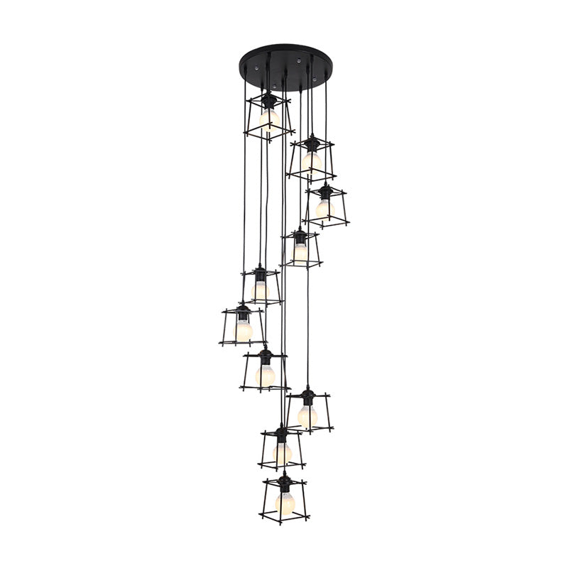 Cube Cage Stair Pendant Lighting Minimalist Metallic 10 Bulbs Black Multi Light Chandelier Clearhalo 'Ceiling Lights' 'Modern Pendants' 'Modern' 'Pendant Lights' 'Pendants' Lighting' 399133