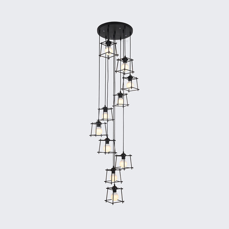 Cube Cage Stair Pendant Lighting Minimalist Metallic 10 Bulbs Black Multi Light Chandelier Clearhalo 'Ceiling Lights' 'Modern Pendants' 'Modern' 'Pendant Lights' 'Pendants' Lighting' 399134