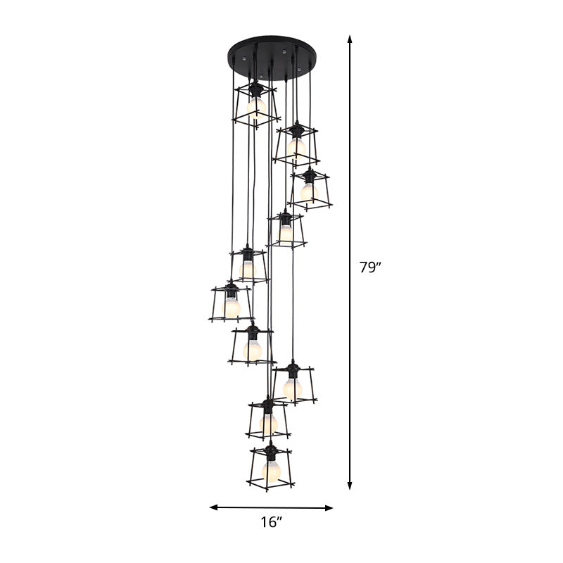 Cube Cage Stair Pendant Lighting Minimalist Metallic 10 Bulbs Black Multi Light Chandelier Clearhalo 'Ceiling Lights' 'Modern Pendants' 'Modern' 'Pendant Lights' 'Pendants' Lighting' 399135