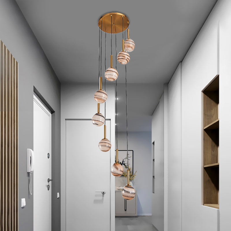 8 Lights Ball Hanging Ceiling Lamp Modern Brown Jupiter Glass Cluster Pendant with Spiral Design Brown Clearhalo 'Ceiling Lights' 'Glass shade' 'Glass' 'Modern Pendants' 'Modern' 'Pendant Lights' 'Pendants' Lighting' 399136