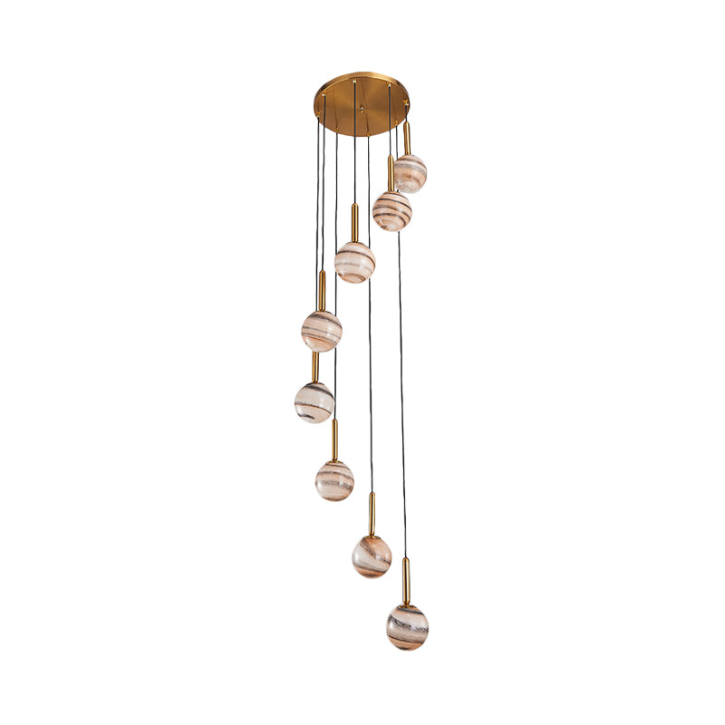 8 Lights Ball Hanging Ceiling Lamp Modern Brown Jupiter Glass Cluster Pendant with Spiral Design Clearhalo 'Ceiling Lights' 'Glass shade' 'Glass' 'Modern Pendants' 'Modern' 'Pendant Lights' 'Pendants' Lighting' 399139