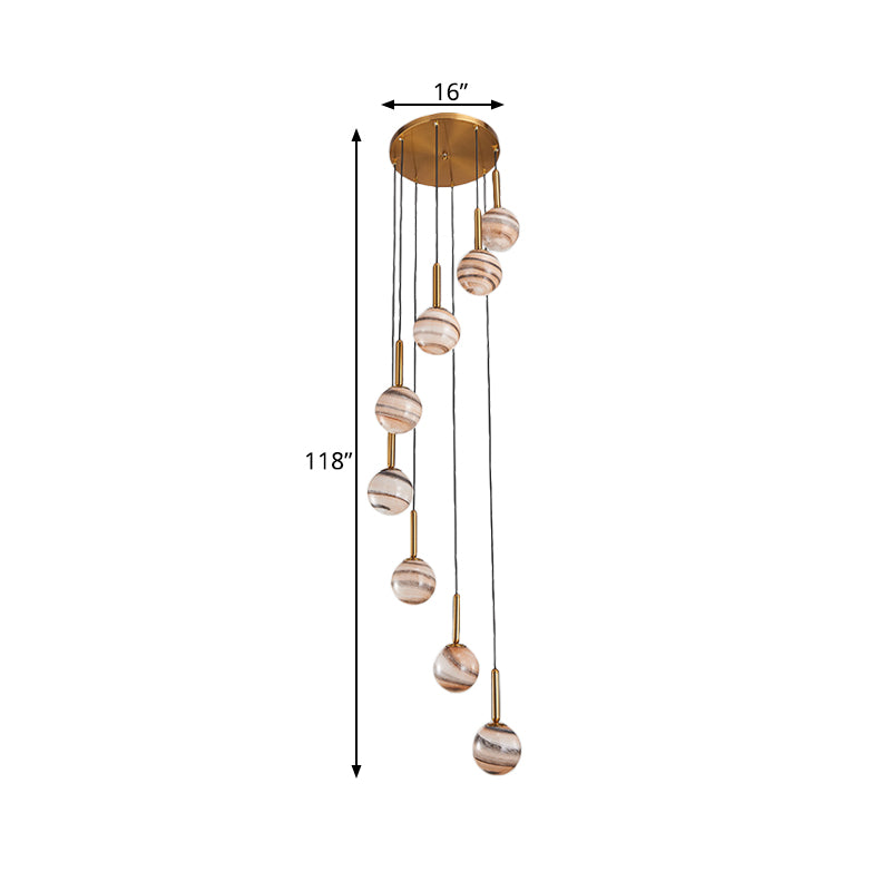 8 Lights Ball Hanging Ceiling Lamp Modern Brown Jupiter Glass Cluster Pendant with Spiral Design Clearhalo 'Ceiling Lights' 'Glass shade' 'Glass' 'Modern Pendants' 'Modern' 'Pendant Lights' 'Pendants' Lighting' 399140