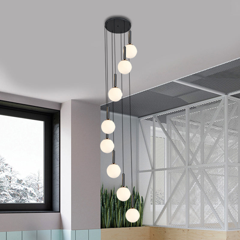 Spiral Living Room Multi Light Pendant Modernism White/Clear Lattice Glass 8/9 Heads Black Hanging Lamp Kit 8 White Clearhalo 'Ceiling Lights' 'Glass shade' 'Glass' 'Modern Pendants' 'Modern' 'Pendant Lights' 'Pendants' Lighting' 399150