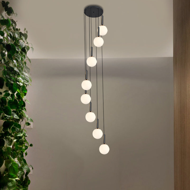 Spiral Living Room Multi Light Pendant Modernism White/Clear Lattice Glass 8/9 Heads Black Hanging Lamp Kit Clearhalo 'Ceiling Lights' 'Glass shade' 'Glass' 'Modern Pendants' 'Modern' 'Pendant Lights' 'Pendants' Lighting' 399152