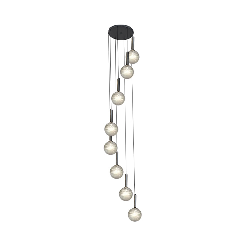 Spiral Living Room Multi Light Pendant Modernism White/Clear Lattice Glass 8/9 Heads Black Hanging Lamp Kit 8 Clear Clearhalo 'Ceiling Lights' 'Glass shade' 'Glass' 'Modern Pendants' 'Modern' 'Pendant Lights' 'Pendants' Lighting' 399155