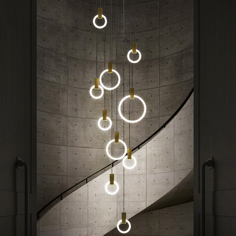 Rings Acrylic Cluster Pendant Light Simple 10 Heads Living Room Hanging Ceiling Lamp in White, Round/Linear Canopy White Round Clearhalo 'Ceiling Lights' 'Modern Pendants' 'Modern' 'Pendant Lights' 'Pendants' Lighting' 399169