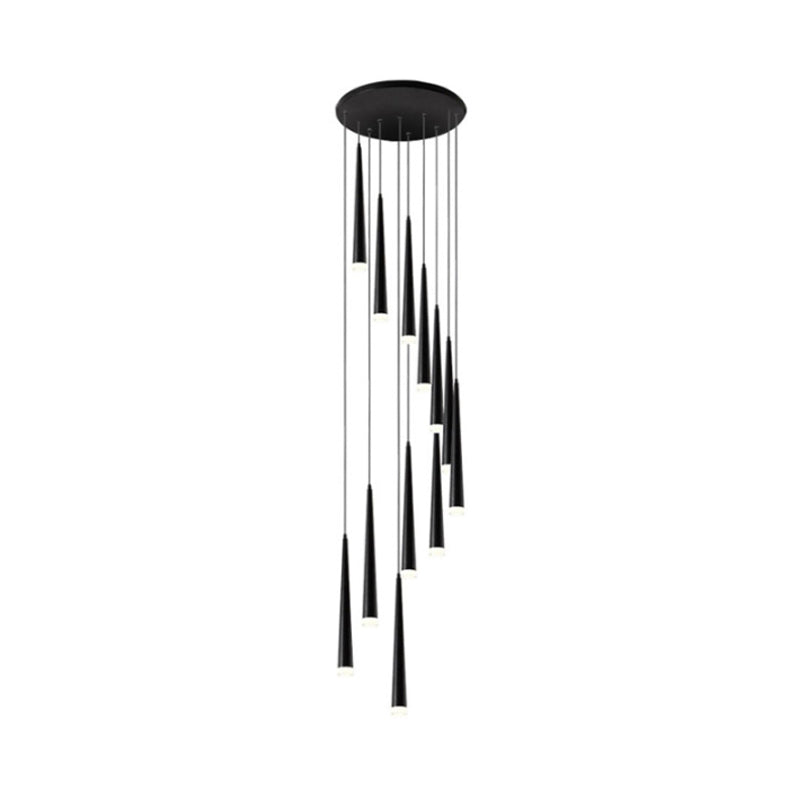 Acrylic Black Hanging Lamp Cone 9/12/18 Lights Contemporary Multi Light Pendant with Spiral Design for Stair Clearhalo 'Ceiling Lights' 'Modern Pendants' 'Modern' 'Pendant Lights' 'Pendants' Lighting' 399180