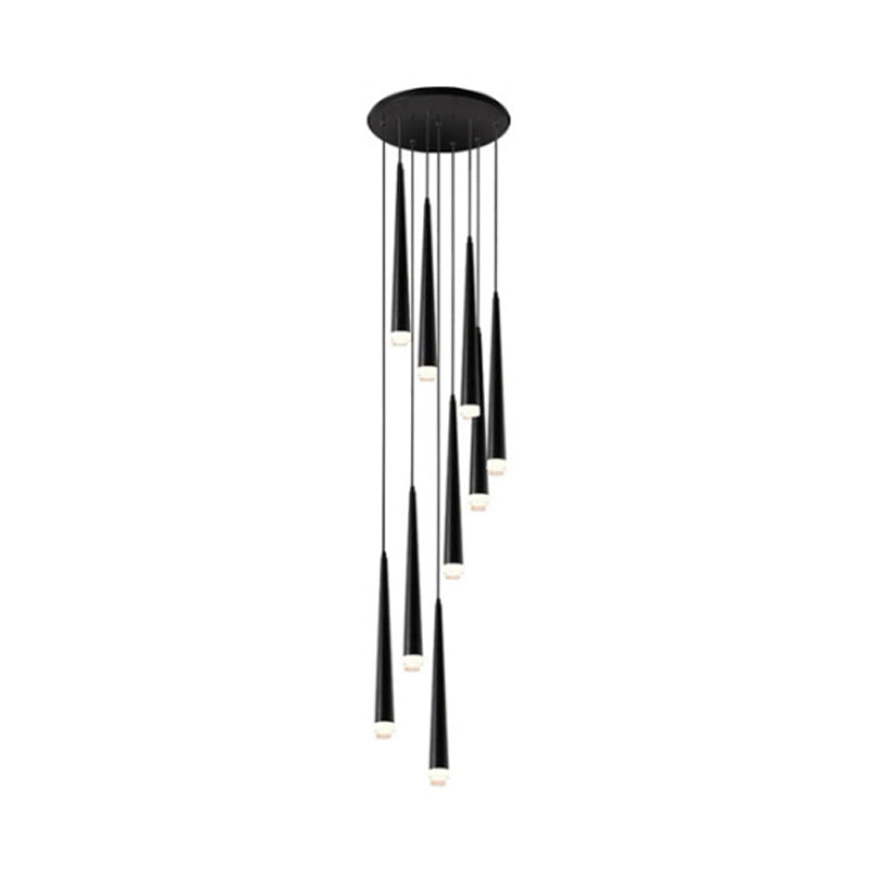 Acrylic Black Hanging Lamp Cone 9/12/18 Lights Contemporary Multi Light Pendant with Spiral Design for Stair Clearhalo 'Ceiling Lights' 'Modern Pendants' 'Modern' 'Pendant Lights' 'Pendants' Lighting' 399185