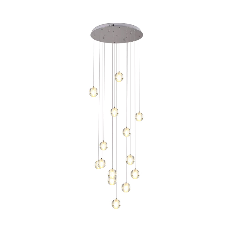 14-Bulb Crystal Cluster Pendant Light Modern White Meteor Shower Stair Hanging Lamp with Round/Linear Canopy Clearhalo 'Ceiling Lights' 'Modern Pendants' 'Modern' 'Pendant Lights' 'Pendants' Lighting' 399193