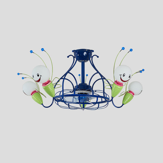 Modern Radial Hanging Fan Light Fixture 5 Heads Metallic 3 Blades Semi Flush Lamp in Blue for Bedroom, 30" Wide Blue Clearhalo 'Ceiling Fans with Lights' 'Ceiling Fans' 'Kids Ceiling Fans' 'Kids' Lighting' 399268