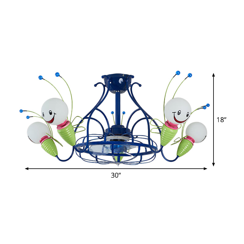 Modern Radial Hanging Fan Light Fixture 5 Heads Metallic 3 Blades Semi Flush Lamp in Blue for Bedroom, 30" Wide Clearhalo 'Ceiling Fans with Lights' 'Ceiling Fans' 'Kids Ceiling Fans' 'Kids' Lighting' 399272