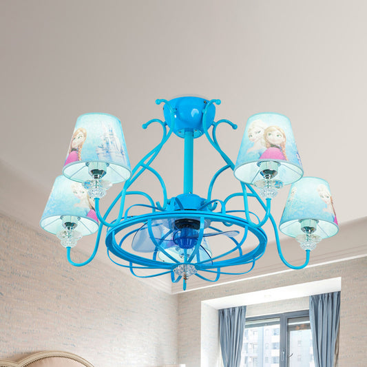 Metal Sputnik 3 Blades Ceiling Fan Lamp Modernist Living Room 31.5" W 5 Bulbs Semi Flush Mount in Blue with Barrel Fabric Shade Blue Clearhalo 'Ceiling Fans with Lights' 'Ceiling Fans' 'Kids Ceiling Fans' 'Kids' Lighting' 399273