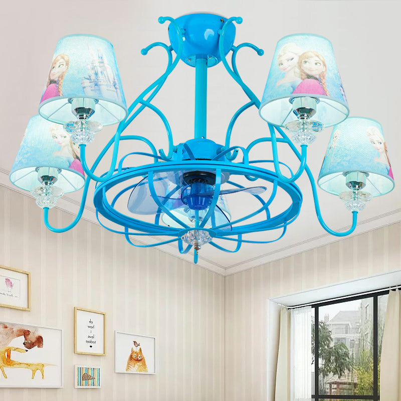 Metal Sputnik 3 Blades Ceiling Fan Lamp Modernist Living Room 31.5" W 5 Bulbs Semi Flush Mount in Blue with Barrel Fabric Shade Clearhalo 'Ceiling Fans with Lights' 'Ceiling Fans' 'Kids Ceiling Fans' 'Kids' Lighting' 399274