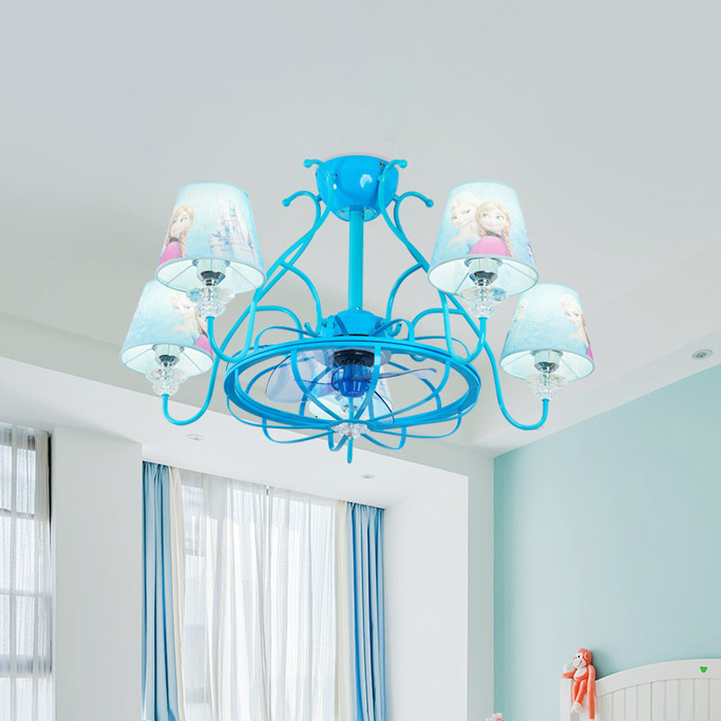 Metal Sputnik 3 Blades Ceiling Fan Lamp Modernist Living Room 31.5" W 5 Bulbs Semi Flush Mount in Blue with Barrel Fabric Shade Clearhalo 'Ceiling Fans with Lights' 'Ceiling Fans' 'Kids Ceiling Fans' 'Kids' Lighting' 399275