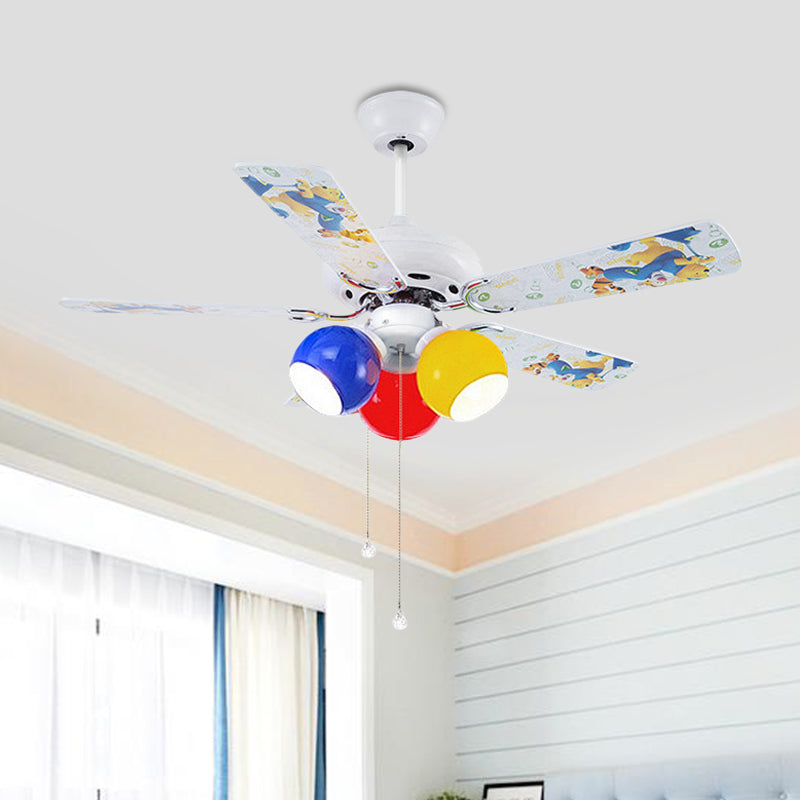 Globe Bedroom Pendant Fan Light Kids Pink/Yellow/Red Glass 42" Wide 3 Lights White Semi Flush Lamp with 5 Blades Yellow Clearhalo 'Ceiling Fans with Lights' 'Ceiling Fans' 'Kids Ceiling Fans' 'Kids' Lighting' 399283