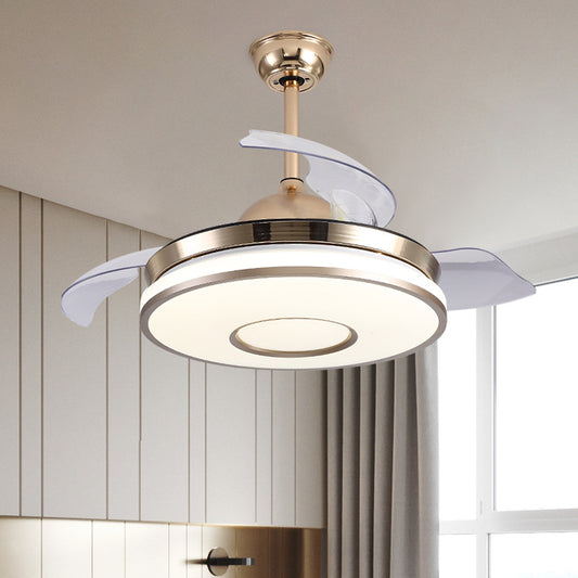 36" W LED Ceiling Fan Lighting Modernism Bedroom 4 Blades Semi Flush Mount Lamp with Round Acrylic Shade in Gold Gold Clearhalo 'Ceiling Fans with Lights' 'Ceiling Fans' 'Modern Ceiling Fans' 'Modern' Lighting' 399415