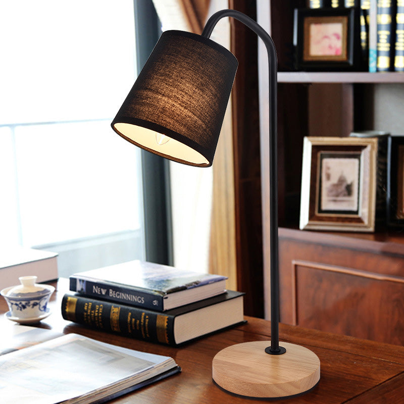 Conical Fabric Task Light Modernism 1 Bulb Black Small Desk Lamp with Beige Round Wood Base Black Clearhalo 'Lamps' 'Table Lamps' Lighting' 399420