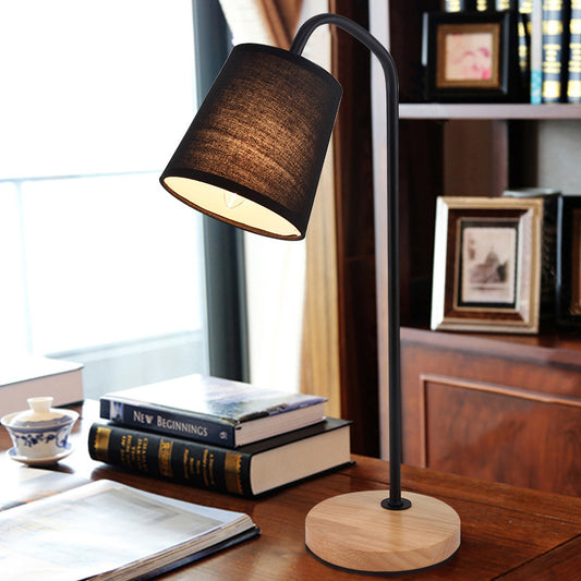 Conical Fabric Task Light Modernism 1 Bulb Black Small Desk Lamp with Beige Round Wood Base Black Clearhalo 'Lamps' 'Table Lamps' Lighting' 399420