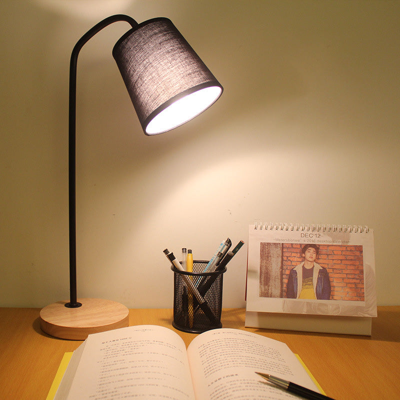 Conical Fabric Task Light Modernism 1 Bulb Black Small Desk Lamp with Beige Round Wood Base Clearhalo 'Lamps' 'Table Lamps' Lighting' 399422