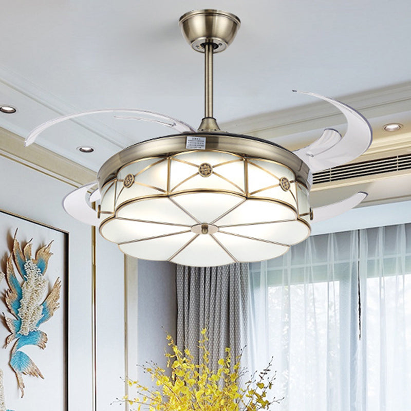 42��� W ���LED Floral Semi Flush Lighting Colonial Brass Acrylic Hanging Fan Lamp for Living Room with 4 Clear Blades Brass Clearhalo 'Ceiling Fans with Lights' 'Ceiling Fans' Lighting' 399551