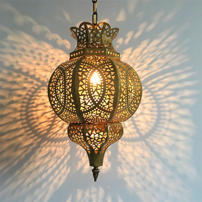 Brass 1-Bulb Hanging Lighting Vintage Metal Gourd Shade Ceiling Pendant Lamp with Hollow Out Design Clearhalo 'Ceiling Lights' 'Pendant Lights' 'Pendants' Lighting' 399652