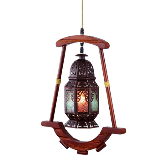 Lantern Bedroom Ceiling Light Rustic Metal 1 Light Copper Suspension Lamp with Wood Frame Clearhalo 'Ceiling Lights' 'Pendant Lights' 'Pendants' Lighting' 399658