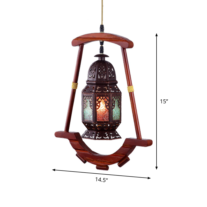 Lantern Bedroom Ceiling Light Rustic Metal 1 Light Copper Suspension Lamp with Wood Frame Clearhalo 'Ceiling Lights' 'Pendant Lights' 'Pendants' Lighting' 399660